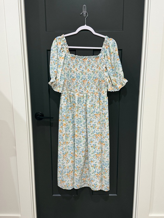 SHEIN Dresses & Skirts - SHEIN Light Blue Floral Smocked Midi Dress with Yellow Accents
